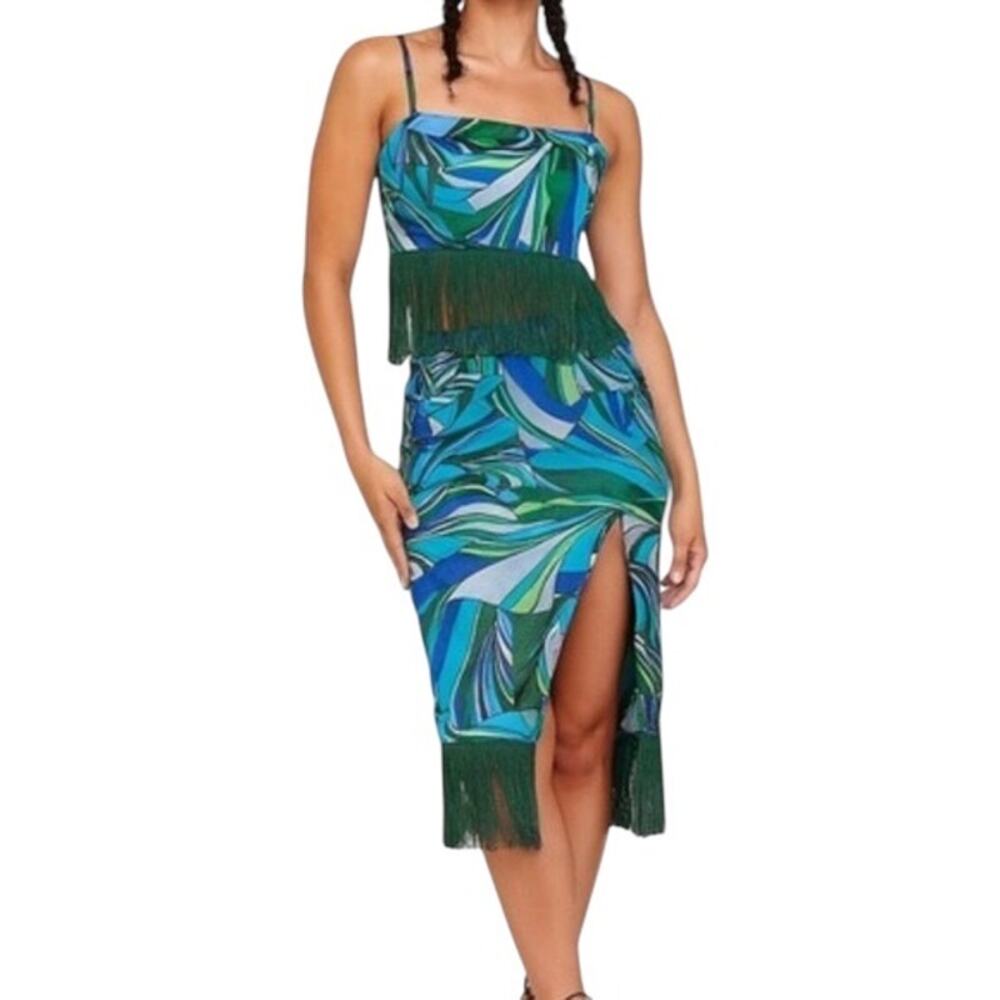 House of Harlow 1960 Satin Fringe Two Piece Set Cami Top+Midi Skirt Swirl Print